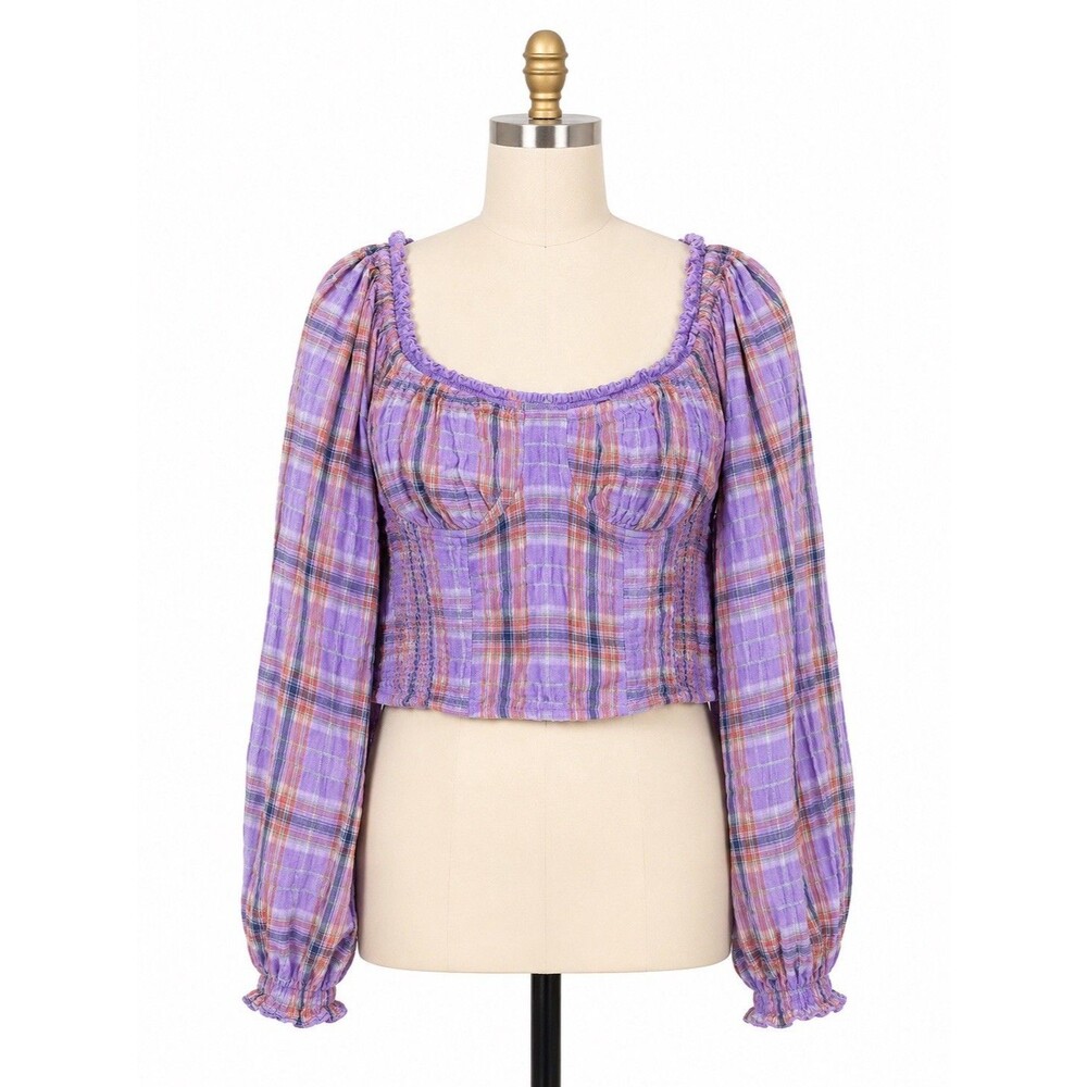 Free People Womens Cherry Bomb Top Size Large Long Sleeve Purple Plaid